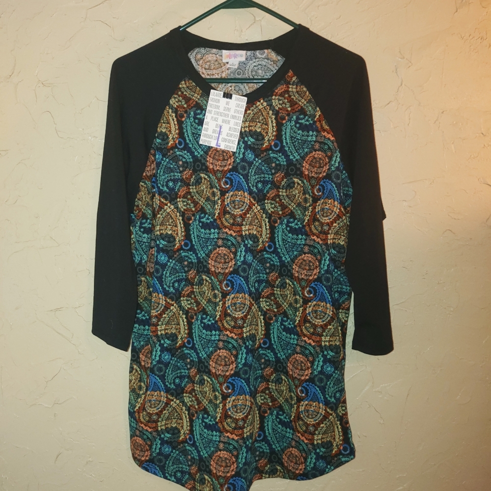 NWT LuLaRoe LLR Randy Baseball Raglan Black 3/4 Sleeves Tee Shirt Top Paisley - Picture 11 of 11